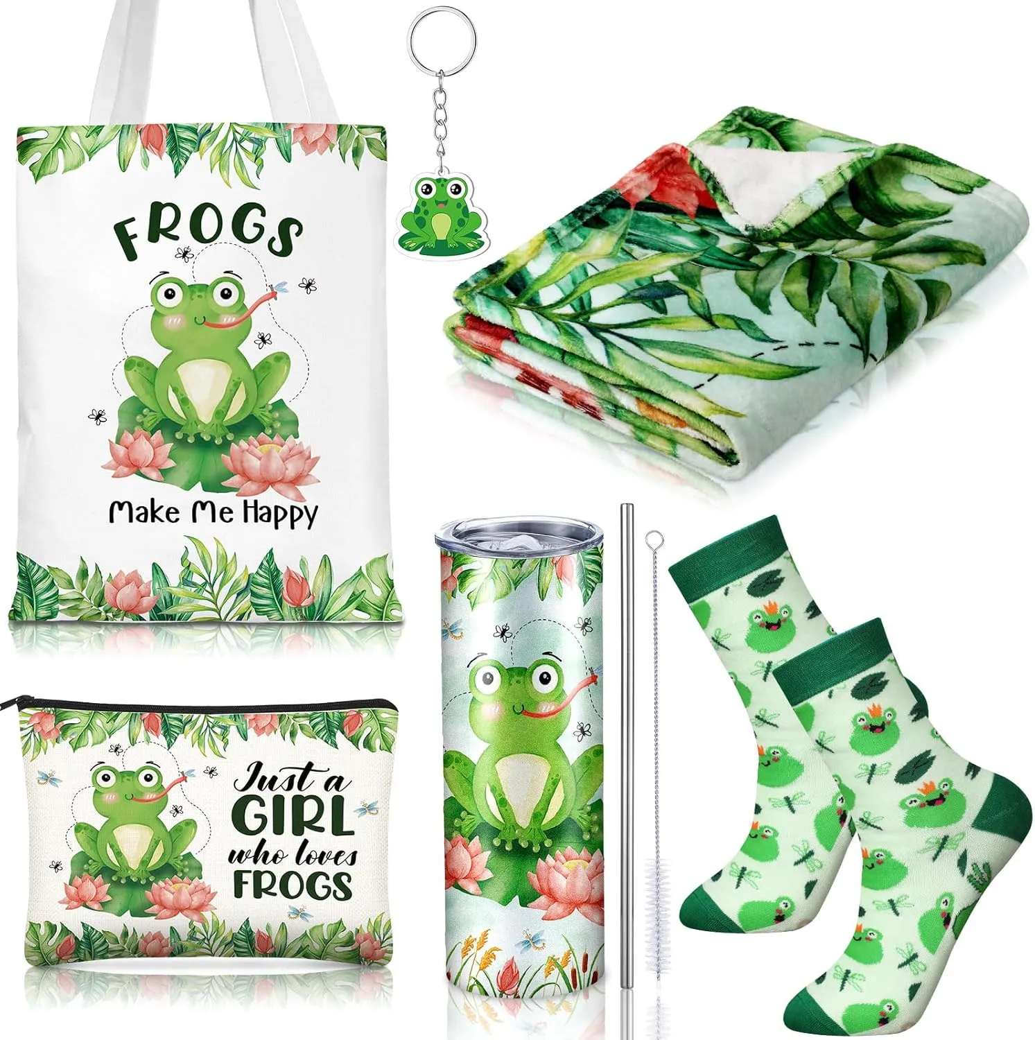 6 Pcs Frog Gifts for Women Include 20 oz Frog Stainless Steel Tumbler with Lid Straw Cosmetic Bag Throw Blanket Keychain Socks Handbag for Graduation Christmas Birthday Gift