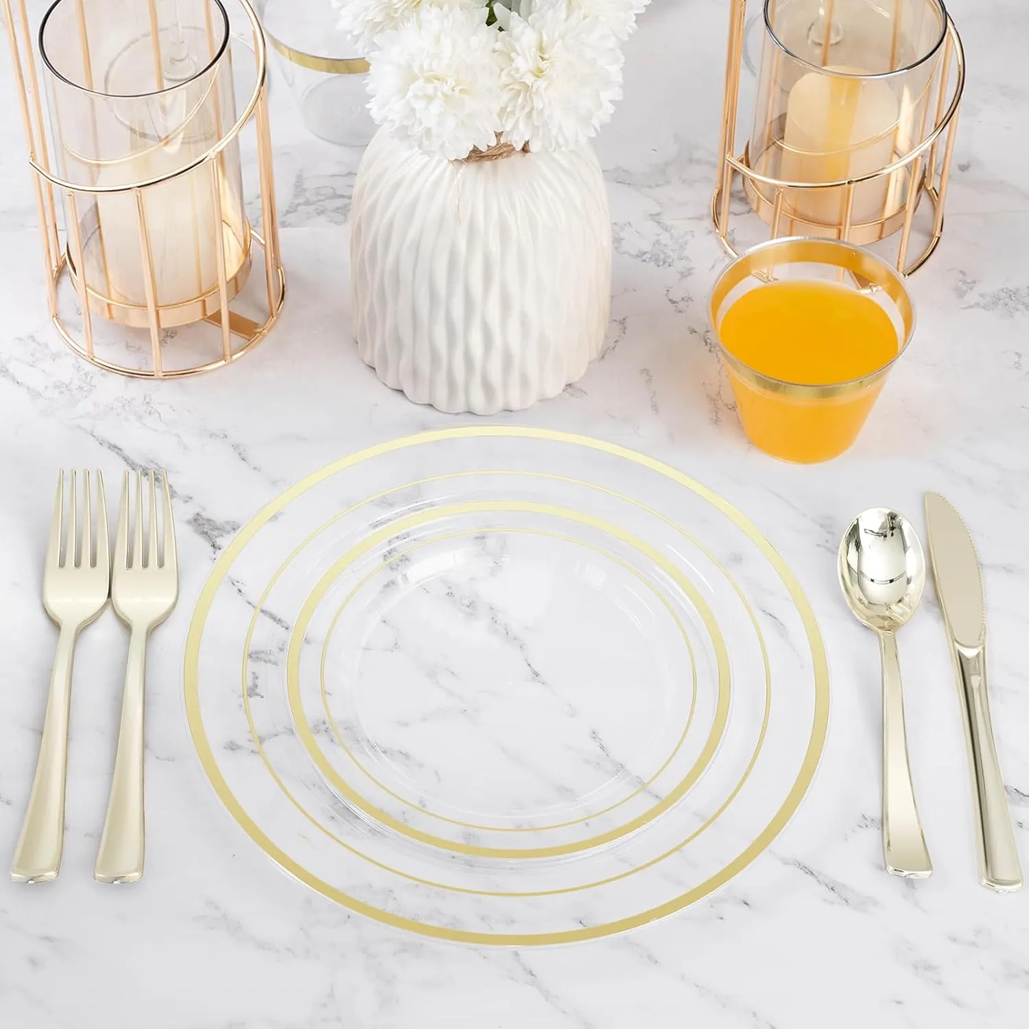 600PCS Clear Gold Plastic Plate Set (100 Guests), Disposable Dinnerware Set for Party, Wedding, Birthday - 200 Plates, 200 Forks, 100 Spoons, 100 Knives