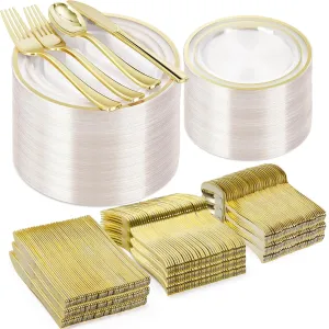 600PCS Clear Gold Plastic Plate Set (100 Guests), Disposable Dinnerware Set for Party, Wedding, Birthday - 200 Plates, 200 Forks, 100 Spoons, 100 Knives