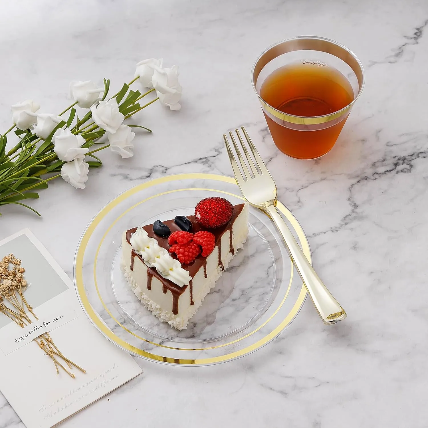 600PCS Clear Gold Plastic Plate Set (100 Guests), Disposable Dinnerware Set for Party, Wedding, Birthday - 200 Plates, 200 Forks, 100 Spoons, 100 Knives