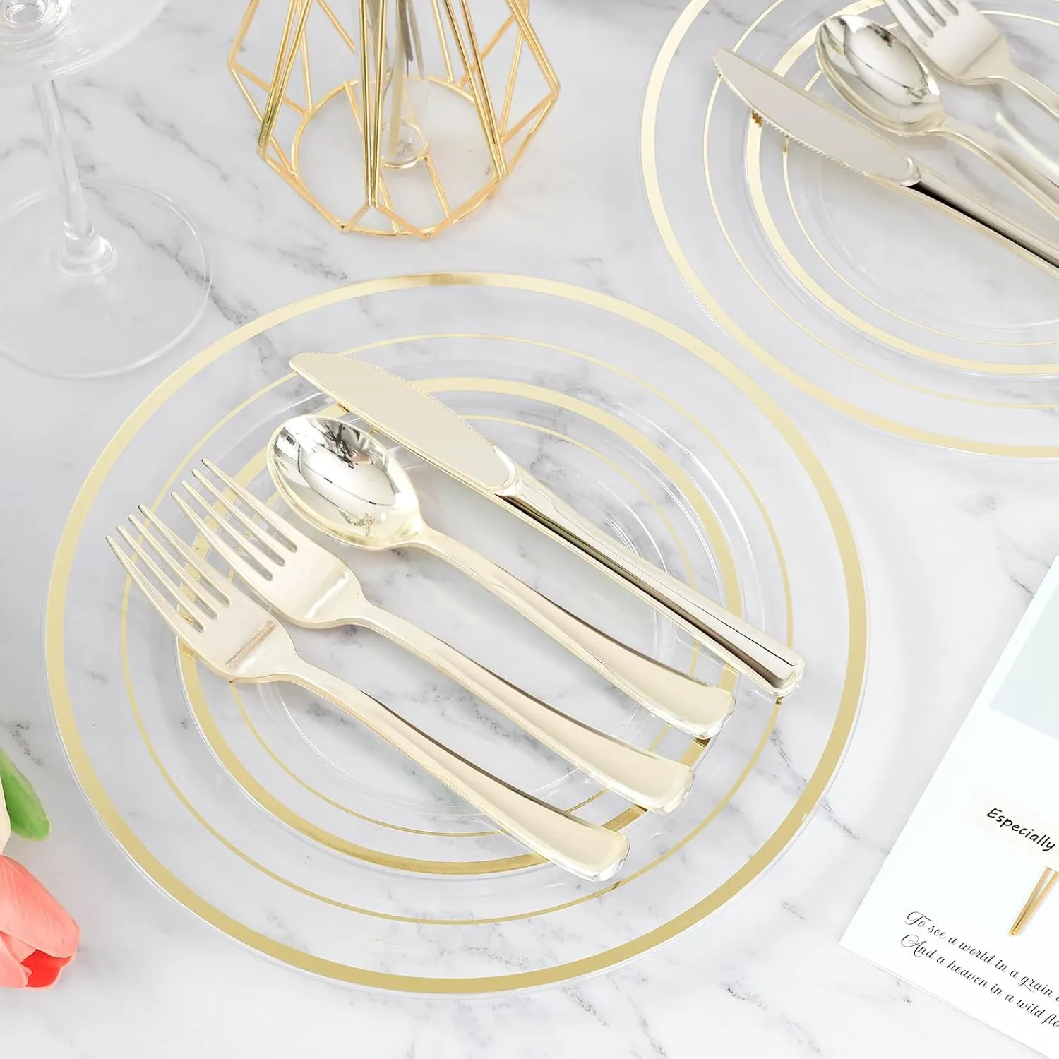 600PCS Clear Gold Plastic Plate Set (100 Guests), Disposable Dinnerware Set for Party, Wedding, Birthday - 200 Plates, 200 Forks, 100 Spoons, 100 Knives