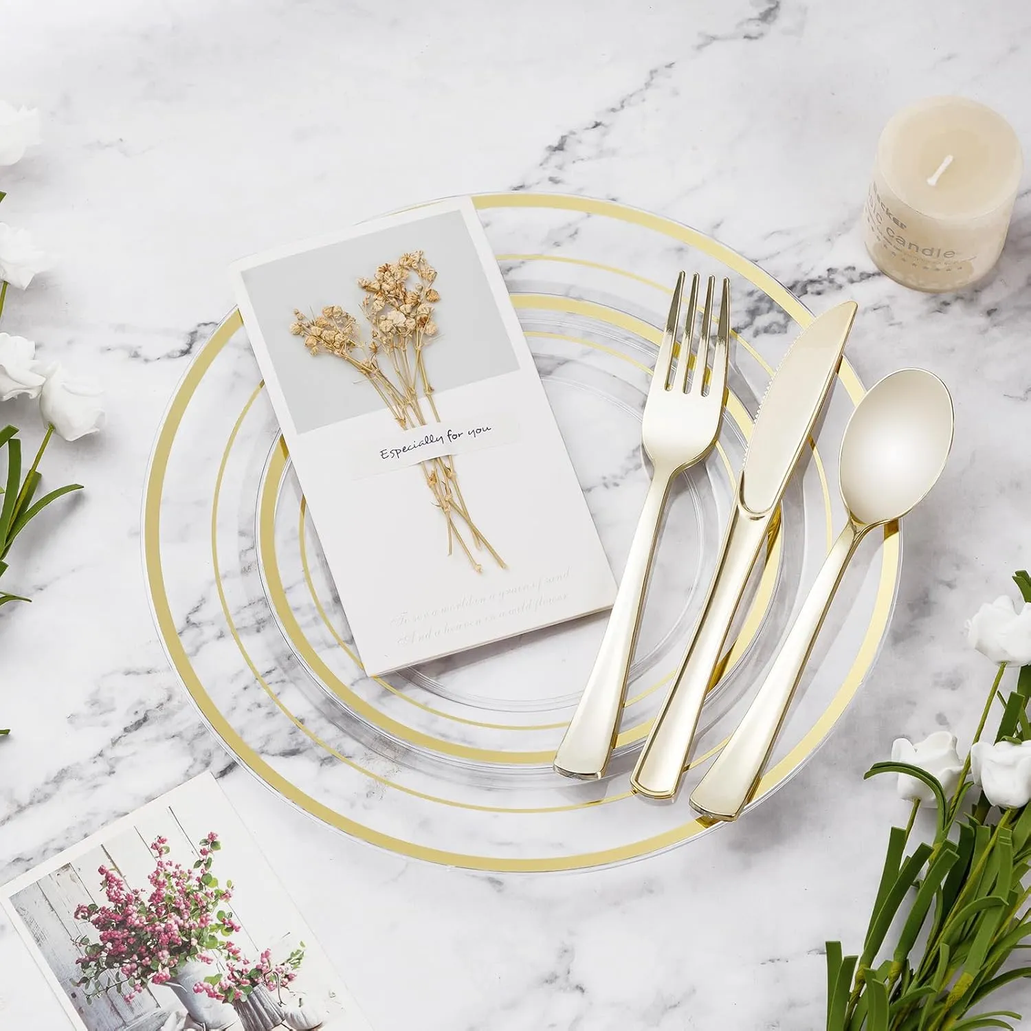 600PCS Clear Gold Plastic Plate Set (100 Guests), Disposable Dinnerware Set for Party, Wedding, Birthday - 200 Plates, 200 Forks, 100 Spoons, 100 Knives