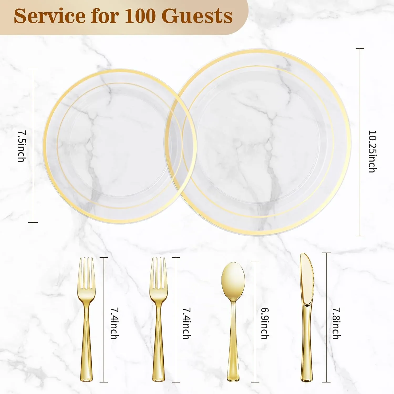 600PCS Clear Gold Plastic Plate Set (100 Guests), Disposable Dinnerware Set for Party, Wedding, Birthday - 200 Plates, 200 Forks, 100 Spoons, 100 Knives