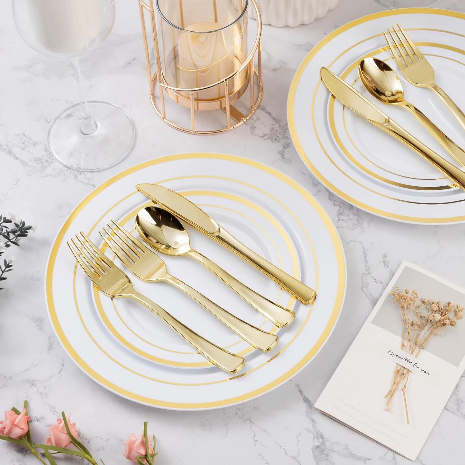 600PCS Gold Plastic Plate Set (100 Guests), Plastic Plates for Party Wedding Birthday, Disposable Dinnerware Set of 200 Plates, 200 Forks, 100 Spoons, 100 Knives