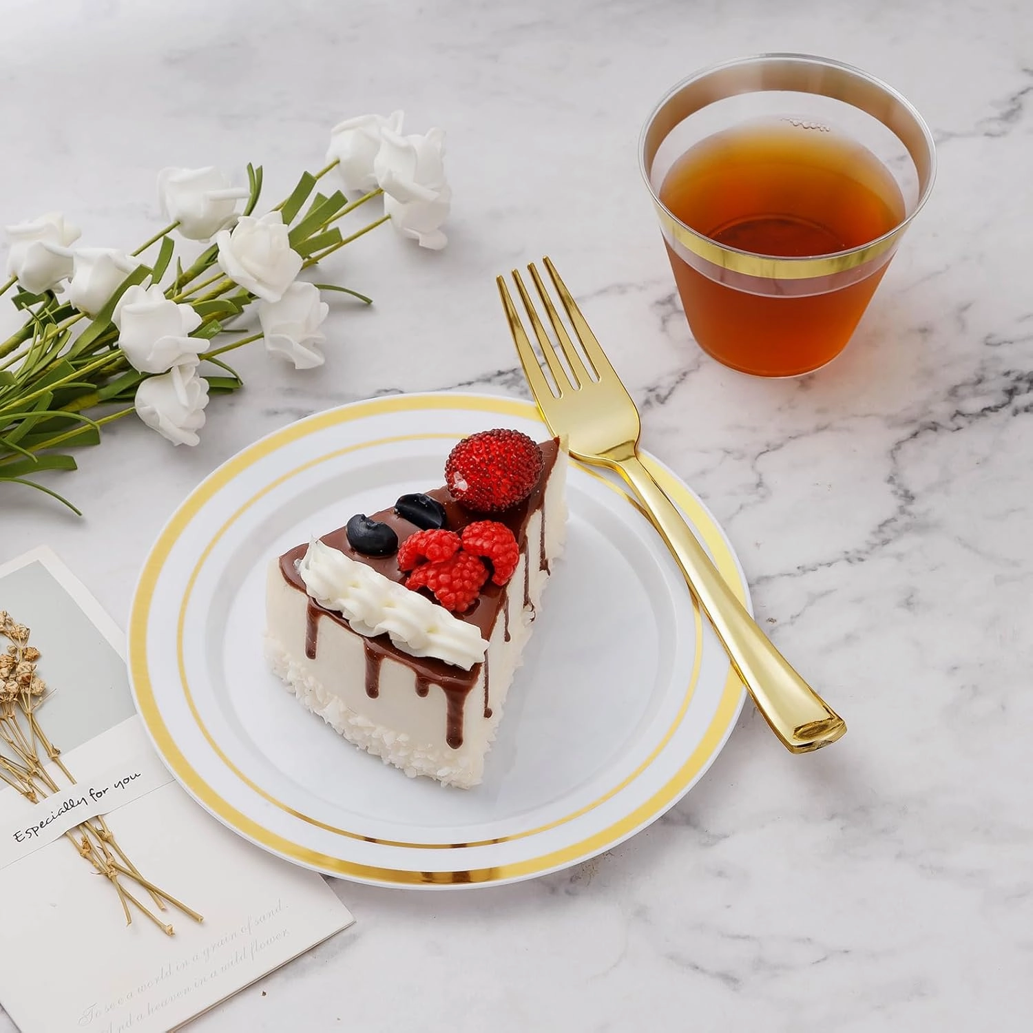 600PCS Gold Plastic Plate Set (100 Guests), Plastic Plates for Party Wedding Birthday, Disposable Dinnerware Set of 200 Plates, 200 Forks, 100 Spoons, 100 Knives