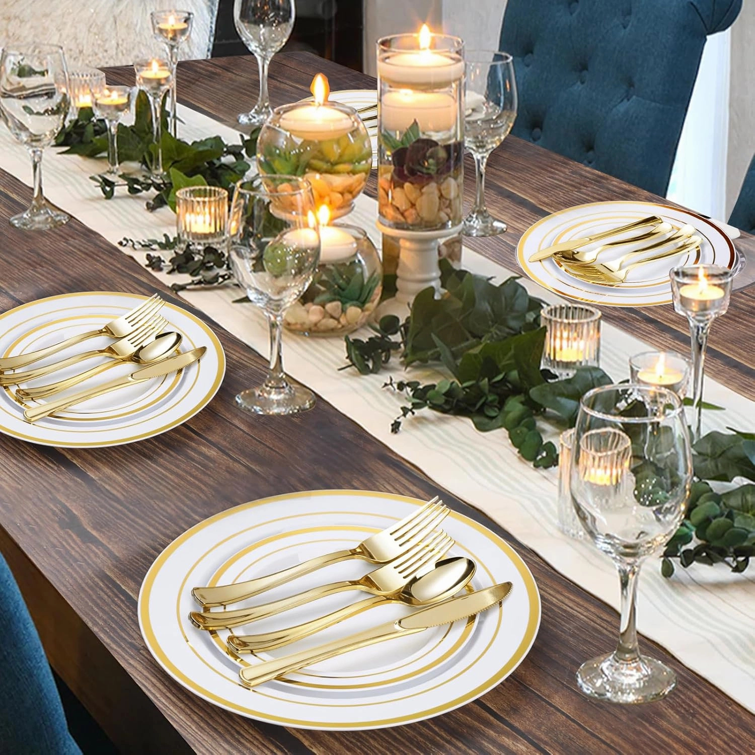 600PCS Gold Plastic Plate Set (100 Guests), Plastic Plates for Party Wedding Birthday, Disposable Dinnerware Set of 200 Plates, 200 Forks, 100 Spoons, 100 Knives