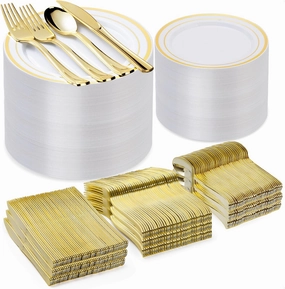 600PCS Gold Plastic Plate Set (100 Guests), Plastic Plates for Party Wedding Birthday, Disposable Dinnerware Set of 200 Plates, 200 Forks, 100 Spoons, 100 Knives