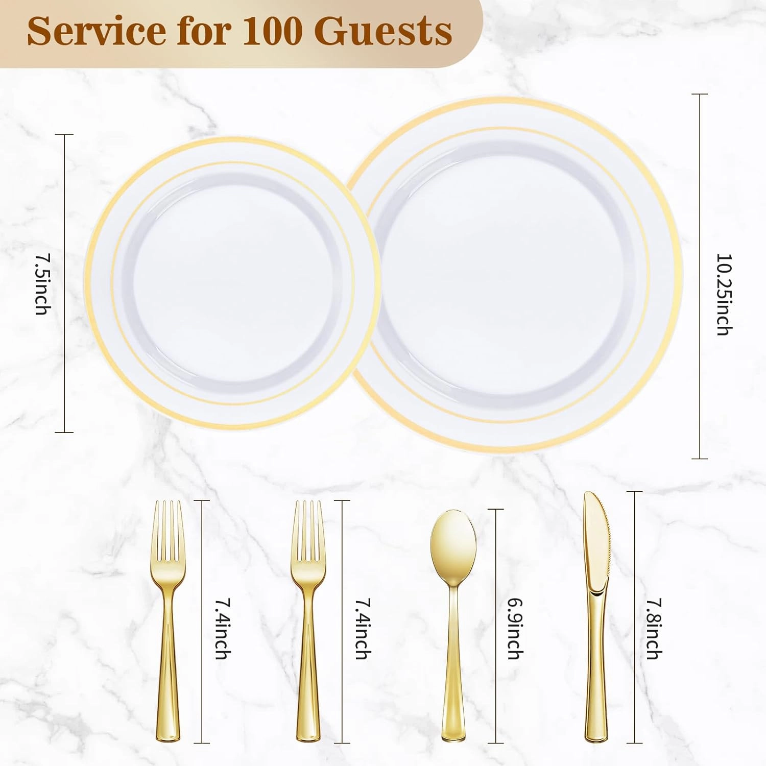 600PCS Gold Plastic Plate Set (100 Guests), Plastic Plates for Party Wedding Birthday, Disposable Dinnerware Set of 200 Plates, 200 Forks, 100 Spoons, 100 Knives