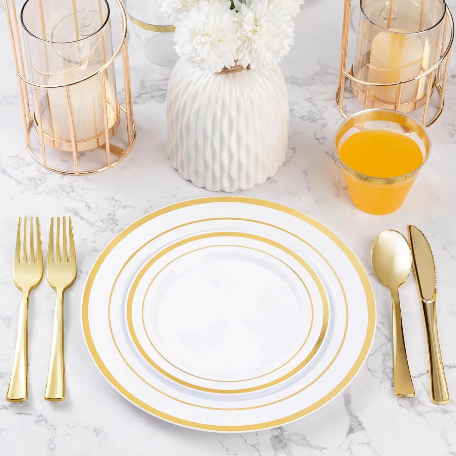 600PCS Gold Plastic Plate Set (100 Guests), Plastic Plates for Party Wedding Birthday, Disposable Dinnerware Set of 200 Plates, 200 Forks, 100 Spoons, 100 Knives