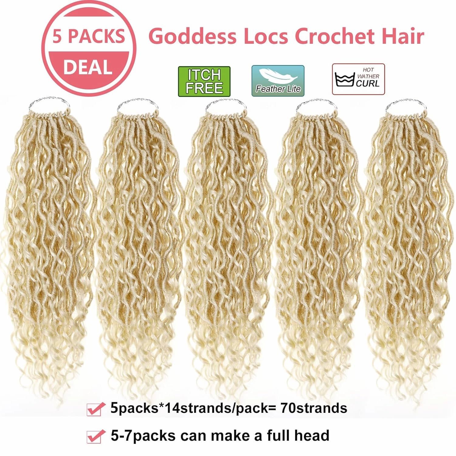 613 Goddess Locs Crochet Hair,5 Packs 14 Inch Pre Looped Blonde Boho Goddess Faux Locs Crochet Hair With Curly Ends,Soft Hippie Locs Crotchet Hair For Black Women (14in,5packs, 613#)