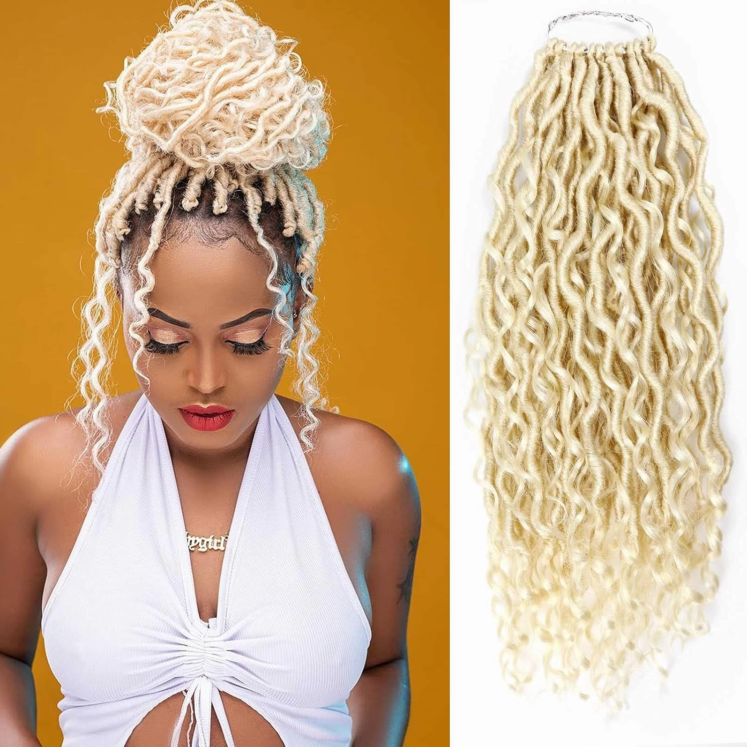 613 Goddess Locs Crochet Hair,5 Packs 14 Inch Pre Looped Blonde Boho Goddess Faux Locs Crochet Hair With Curly Ends,Soft Hippie Locs Crotchet Hair For Black Women (14in,5packs, 613#)