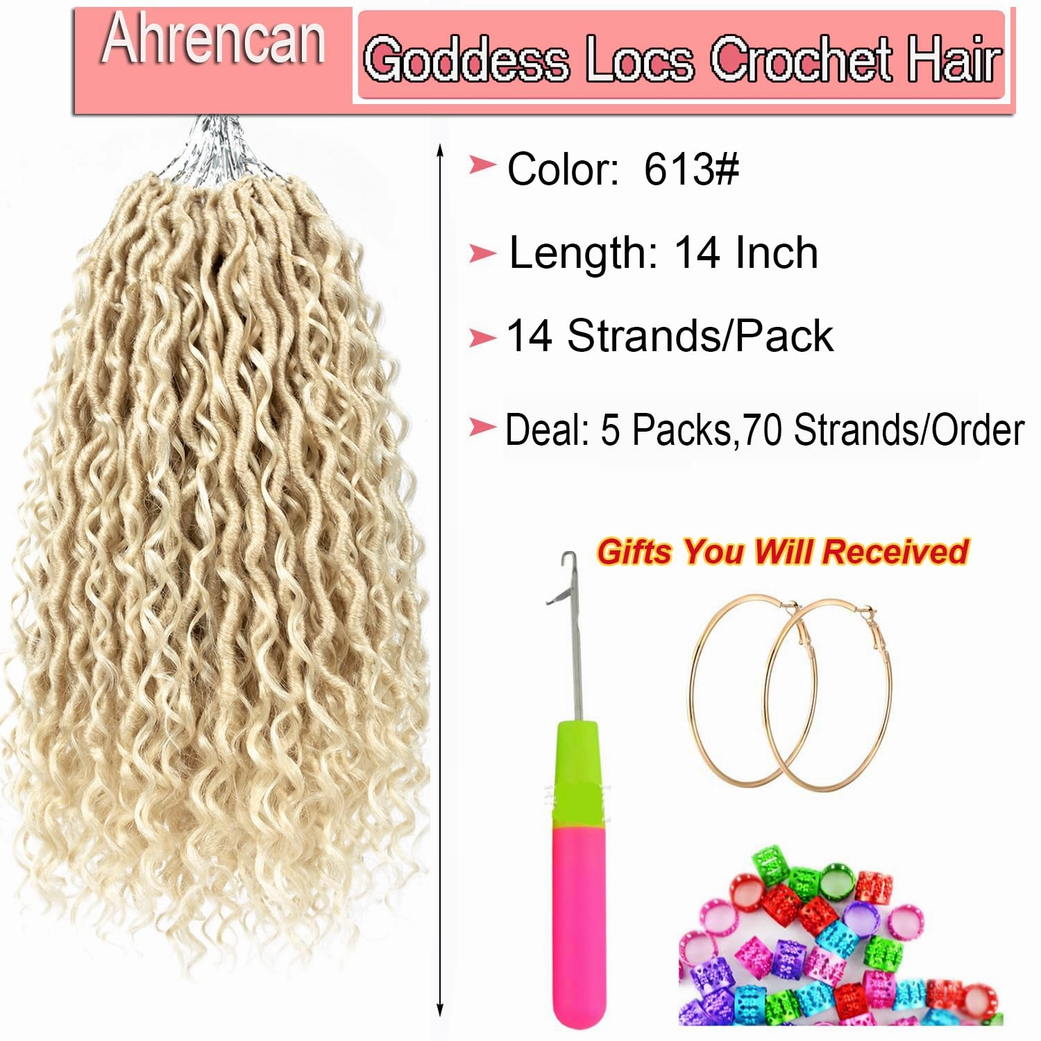613 Goddess Locs Crochet Hair,5 Packs 14 Inch Pre Looped Blonde Boho Goddess Faux Locs Crochet Hair With Curly Ends,Soft Hippie Locs Crotchet Hair For Black Women (14in,5packs, 613#)