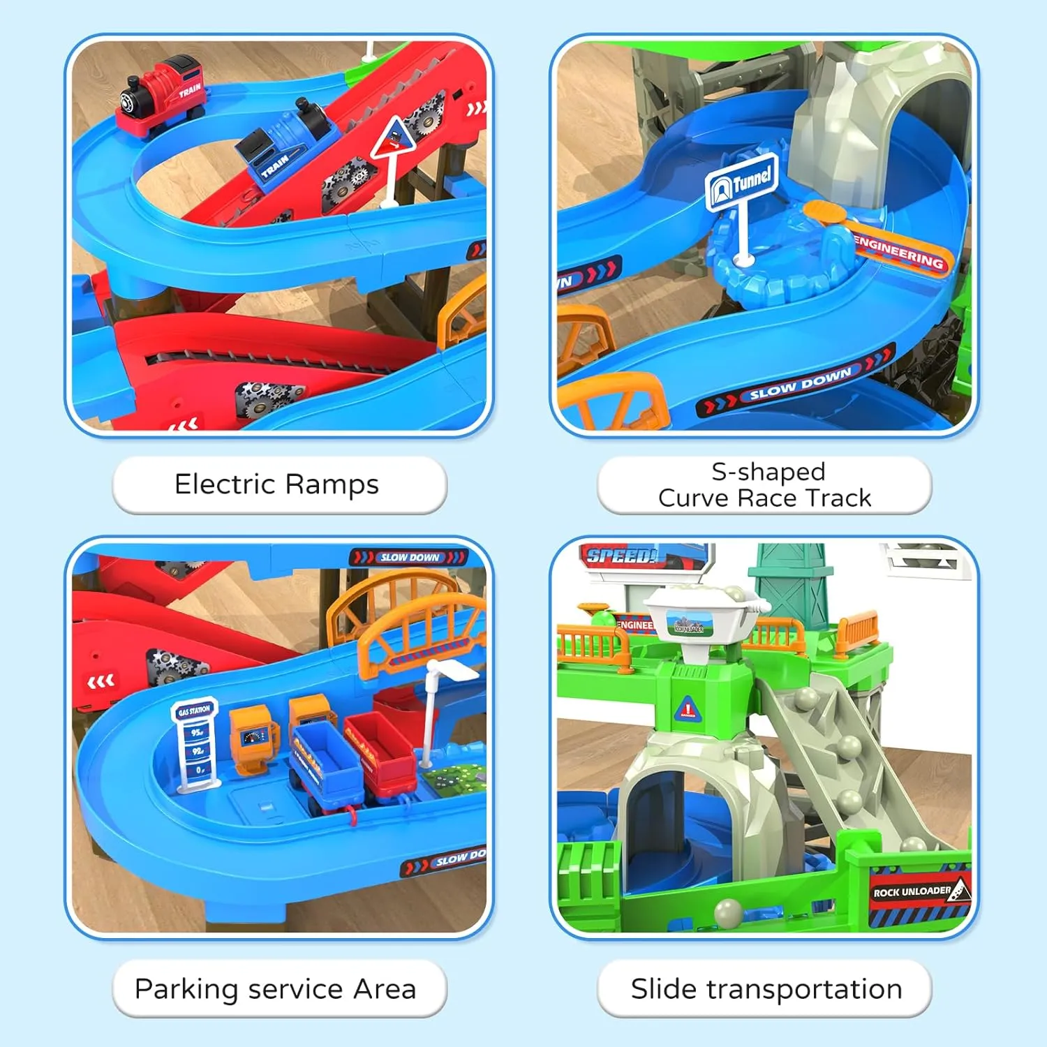 64PCS Train Engineering Adventure Track Toy for Kids 3 ,Electric Climbing Ladder, Rotating Crane, Multi-Level Obstacles, Realistic Mining World with Parking&Gas Station,Ideal Gift