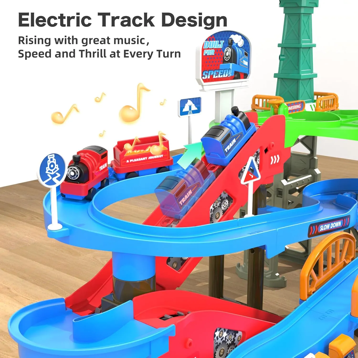 64PCS Train Engineering Adventure Track Toy for Kids 3 ,Electric Climbing Ladder, Rotating Crane, Multi-Level Obstacles, Realistic Mining World with Parking&Gas Station,Ideal Gift