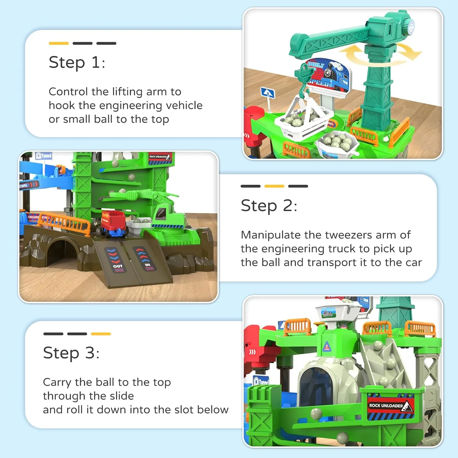 64PCS Train Engineering Adventure Track Toy for Kids 3 ,Electric Climbing Ladder, Rotating Crane, Multi-Level Obstacles, Realistic Mining World with Parking&Gas Station,Ideal Gift