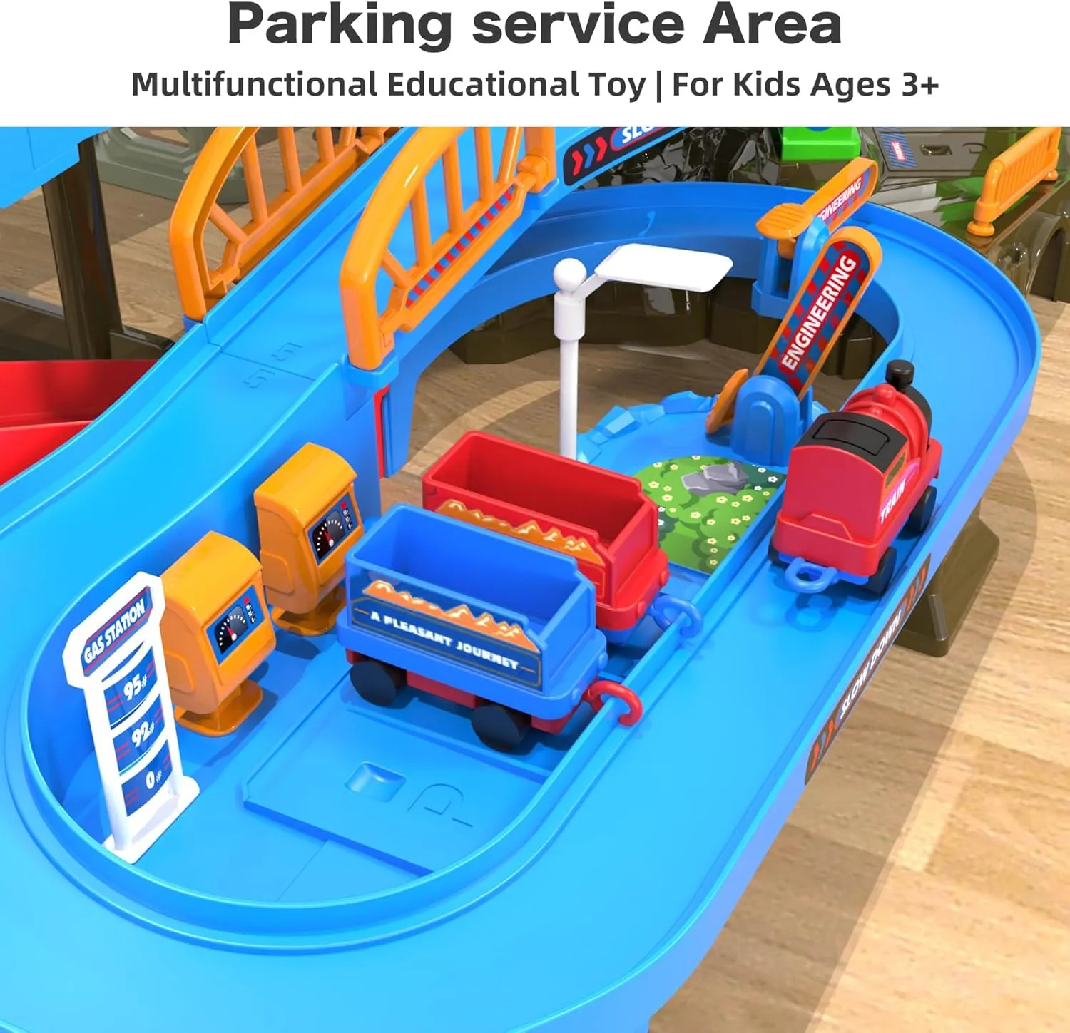 64PCS Train Engineering Adventure Track Toy for Kids 3 ,Electric Climbing Ladder, Rotating Crane, Multi-Level Obstacles, Realistic Mining World with Parking&Gas Station,Ideal Gift