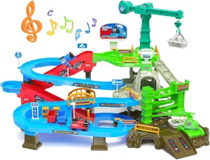 64PCS Train Engineering Adventure Track Toy for Kids 3 ,Electric Climbing Ladder, Rotating Crane, Multi-Level Obstacles, Realistic Mining World with Parking&Gas Station,Ideal Gift