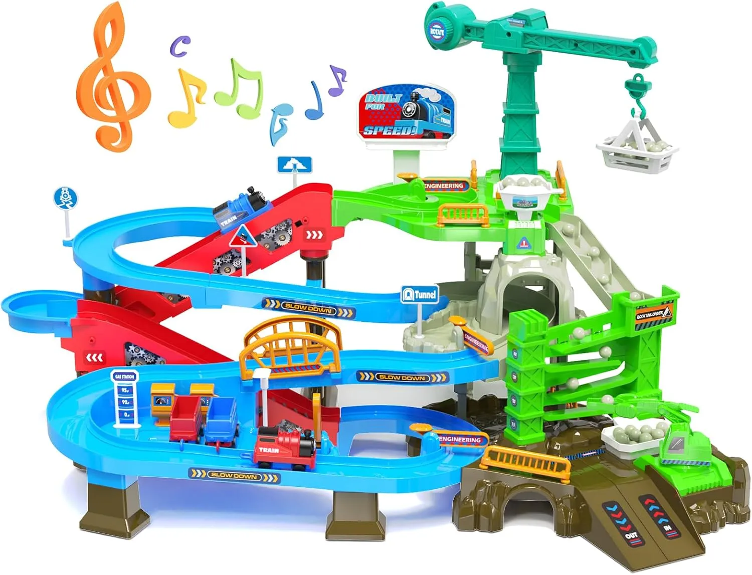64PCS Train Engineering Adventure Track Toy for Kids 3 ,Electric Climbing Ladder, Rotating Crane, Multi-Level Obstacles, Realistic Mining World with Parking&Gas Station,Ideal Gift