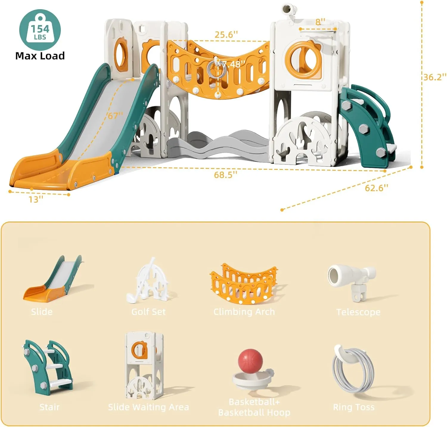 67i Toddler Playground Playset - Climbing Arch, Slide & Basketball Hoop with Storage 1-3 Years Safe Outdoor/Indoor Play Structure (Green Yellow, Without Swing)