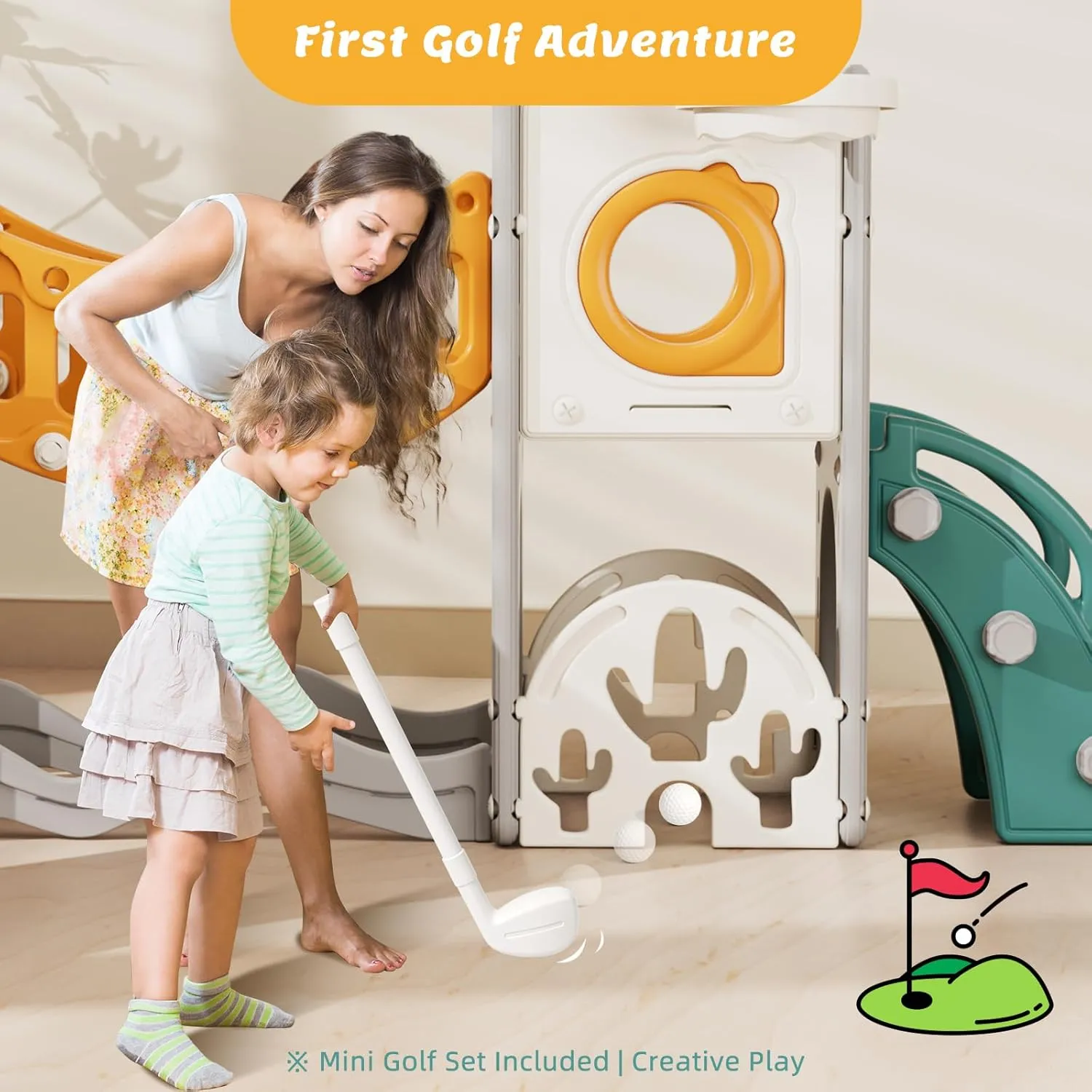 67i Toddler Playground Playset - Climbing Arch, Slide & Basketball Hoop with Storage 1-3 Years Safe Outdoor/Indoor Play Structure (Green Yellow, Without Swing)