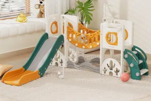 67i Toddler Playground Playset - Climbing Arch, Slide & Basketball Hoop with Storage 1-3 Years Safe Outdoor/Indoor Play Structure (Green Yellow, Without Swing)