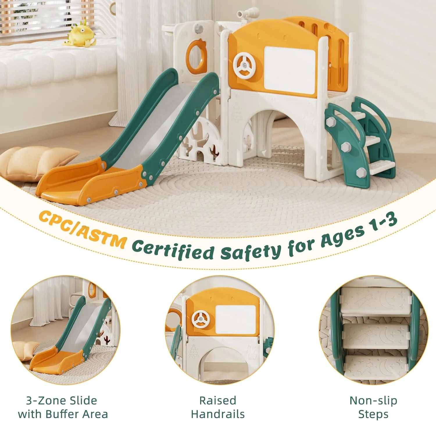 67i Toddler Playground Playset for 1-3 Year Olds with Golf, Drawing Board, Slide, Basketball Hoop & Storage (Green Yellow)