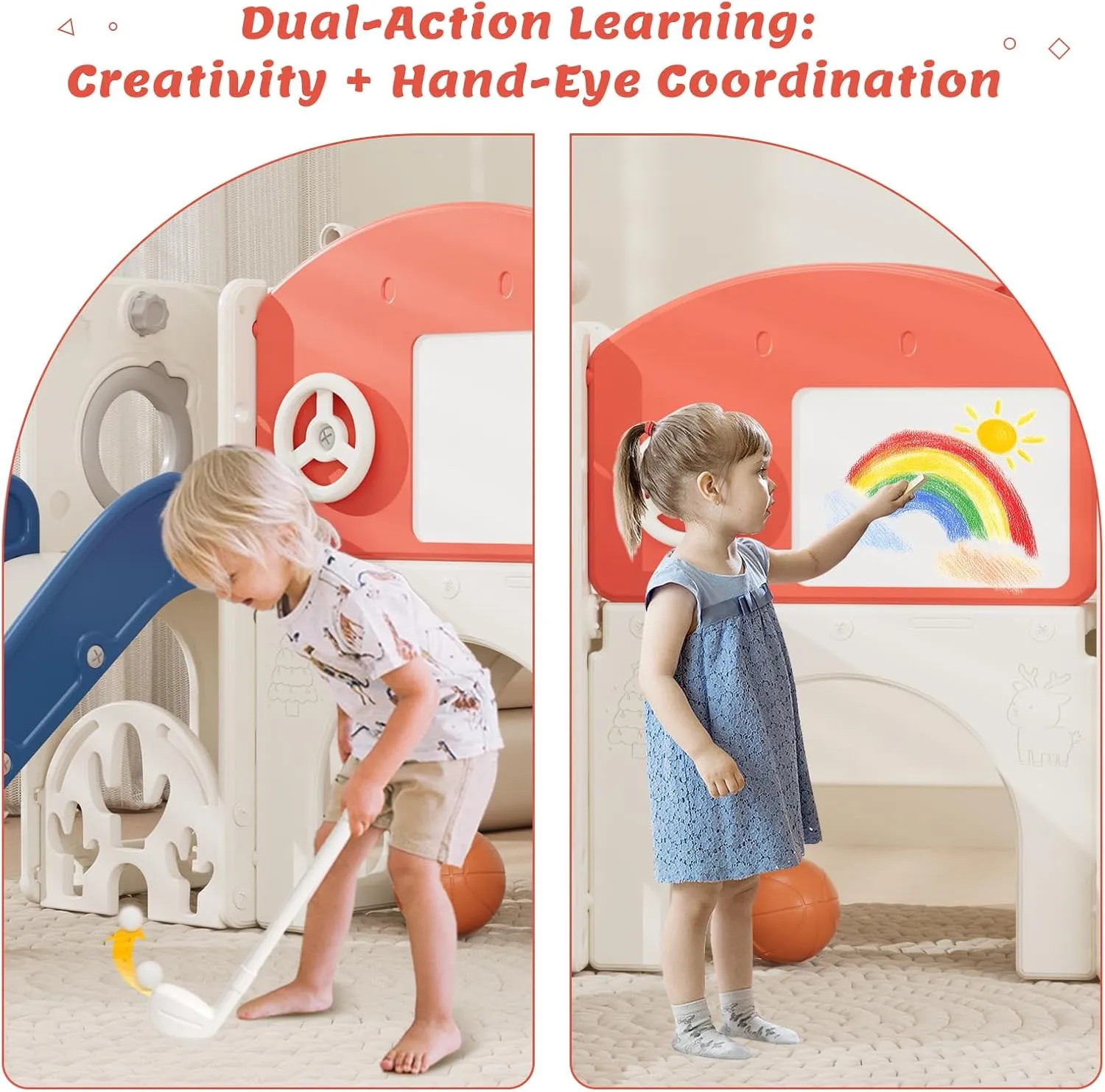67i Toddler Playground Playset for 1-3 Year Olds with Golf, Drawing Board, Slide, Basketball Hoop & Storage (Red Blue)