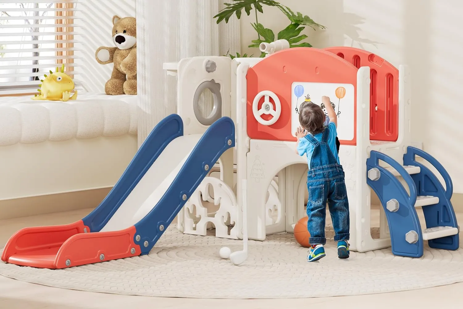 67i Toddler Playground Playset for 1-3 Year Olds with Golf, Drawing Board, Slide, Basketball Hoop & Storage (Red Blue)
