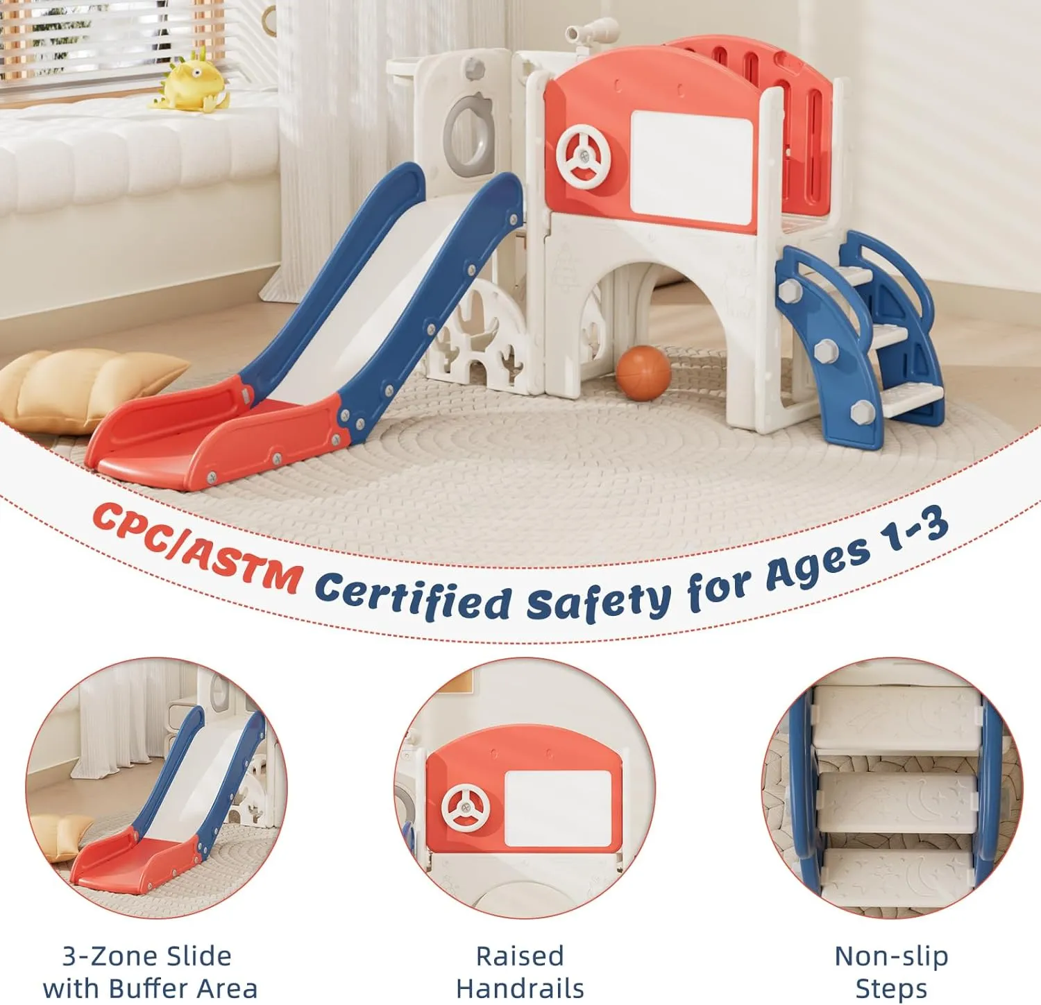 67i Toddler Playground Playset for 1-3 Year Olds with Golf, Drawing Board, Slide, Basketball Hoop & Storage (Red Blue)