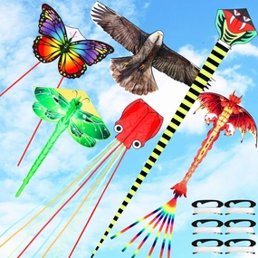 6 Pack Large Flying Animal Kites for Adults with Reel and String Eagle Dragon Butterfly Dragonfly Octopus Snake Pterodactyl Dinosaur Kites for Beach Outdoor Park Game Activities