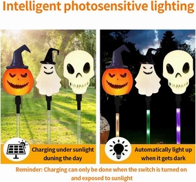 6 Pack LED Outdoor Solar Ground Insertion Colored Pumpkin Ghost Head Lights, Waterproof Solar Courtyard Decoration Halloween Lights, with 8 Modes of Colorful.