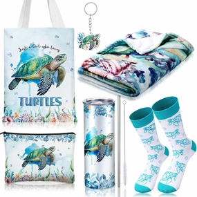 6 Pcs Sea Turtles Just a Girl Who Loves Gifts for Women Include 20 oz Turtle Stainless Steel Tumbler with Lid Straw Cosmetic Bag Throw Blanket Keychain Socks Handbag for Sea Turtles Lover