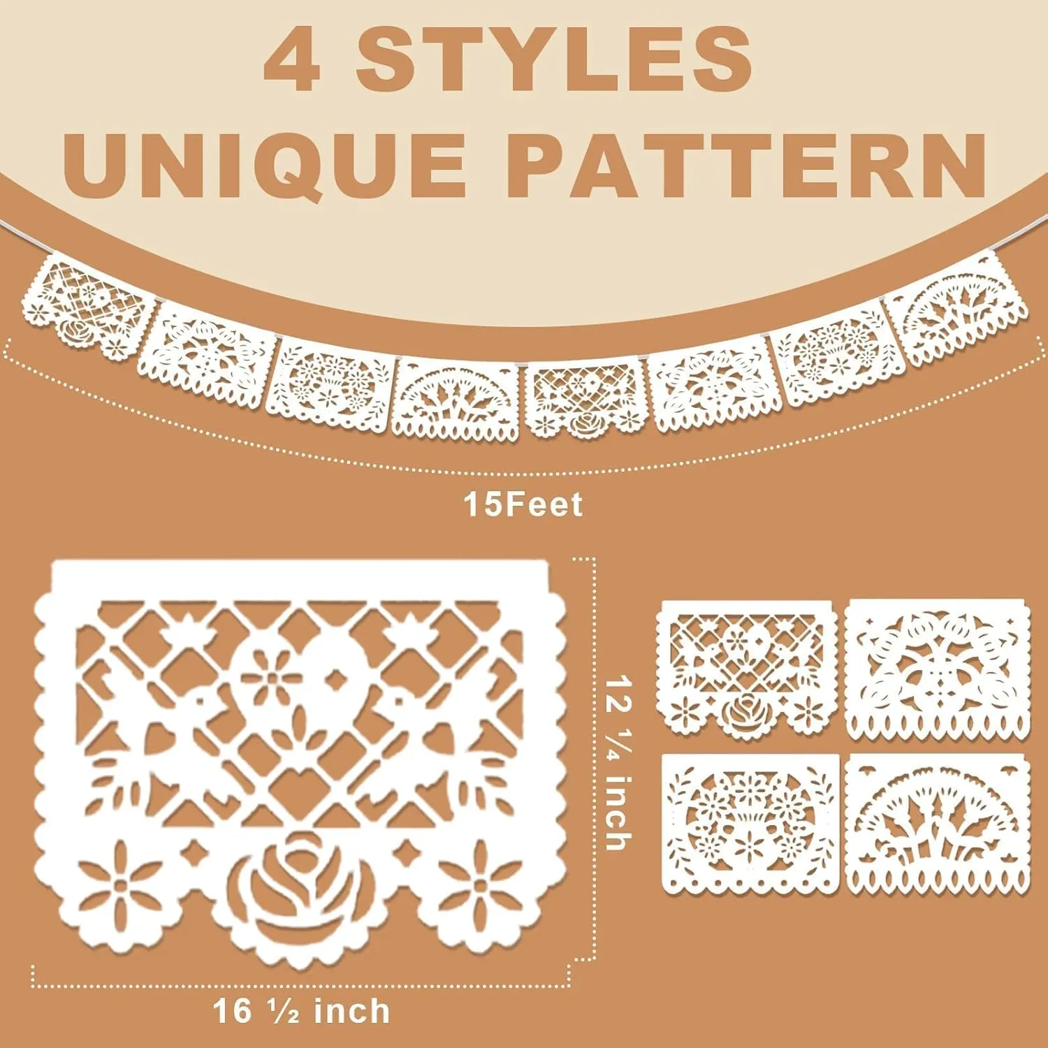6Pack White Papel Picado Banner, Cinco De Mayo Decoration Plastic Mexican Banner Wedding Fiesta Party Decoration 5 De Mayo Mexican Themed Mexico Birthday Party Decor Supplies - 4 Patterns/90Ft