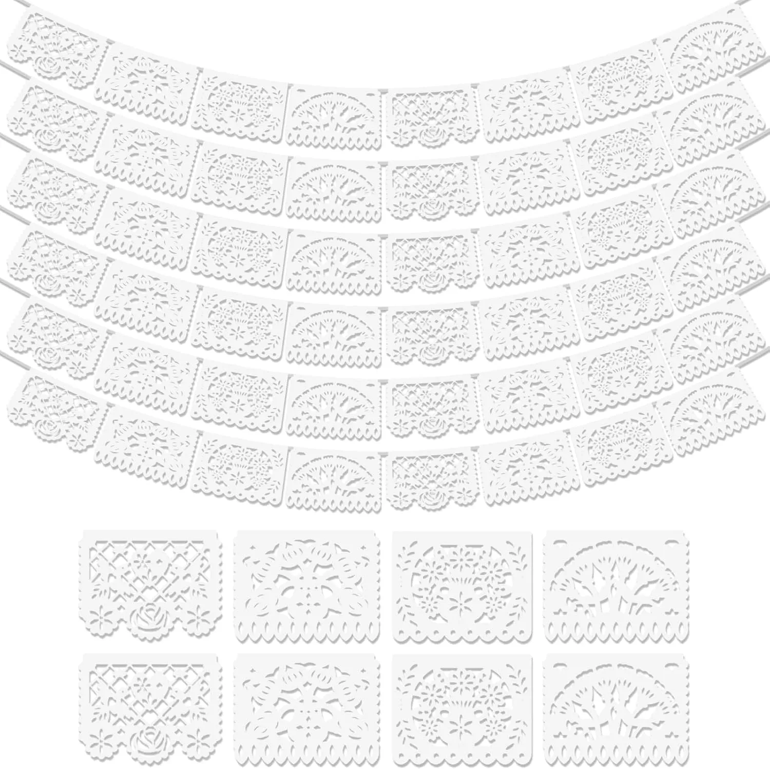 6Pack White Papel Picado Banner, Cinco De Mayo Decoration Plastic Mexican Banner Wedding Fiesta Party Decoration 5 De Mayo Mexican Themed Mexico Birthday Party Decor Supplies - 4 Patterns/90Ft
