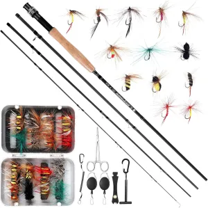 71 Pcs Carbon Fiber Fly Fishing Rod Combo Starter Kit 9 ft 5/6 Wt 4pcs Fly Rod Medium Action Cork Handle 64 Pcs 16 Types Flies Assortment for Trout Bass with Nippers Tippet Holder Accessories