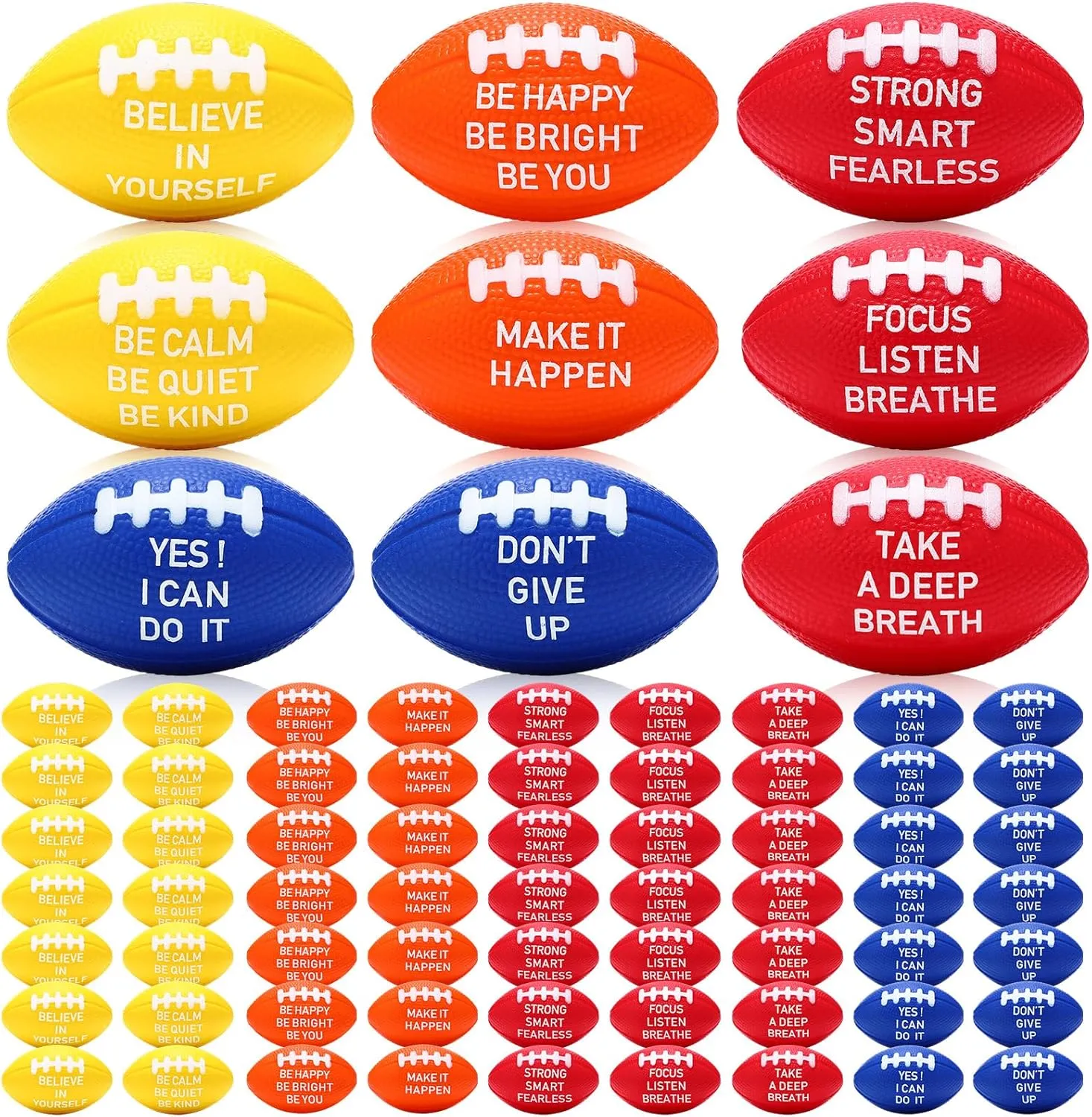 72 Packs Mini Football Sports Stress Ball 2.17" Inspiration Foam Footballs Stress Relief Balls with Motivational Quotes for Football Themed Party Favors Anxiety Relief Relaxation