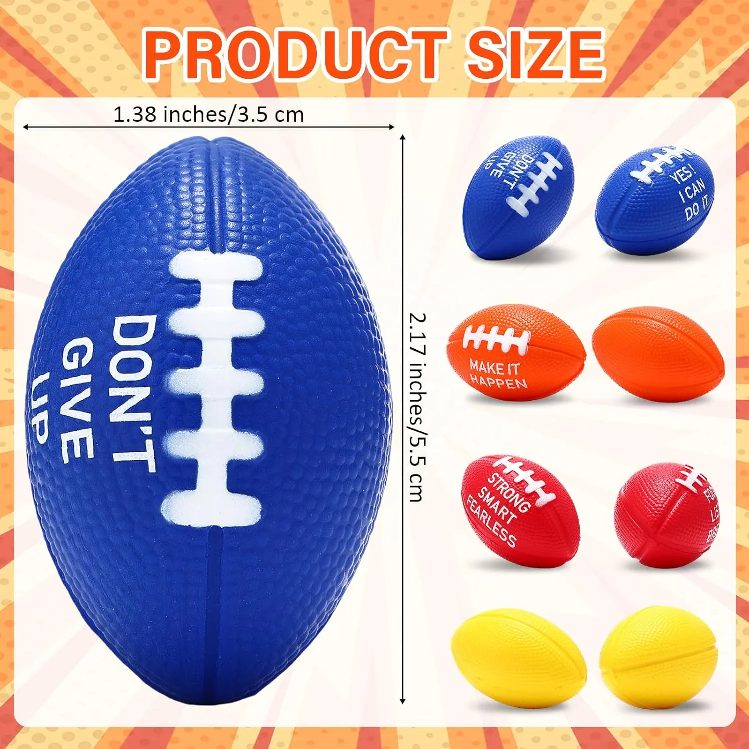 72 Packs Mini Football Sports Stress Ball 2.17" Inspiration Foam Footballs Stress Relief Balls with Motivational Quotes for Football Themed Party Favors Anxiety Relief Relaxation