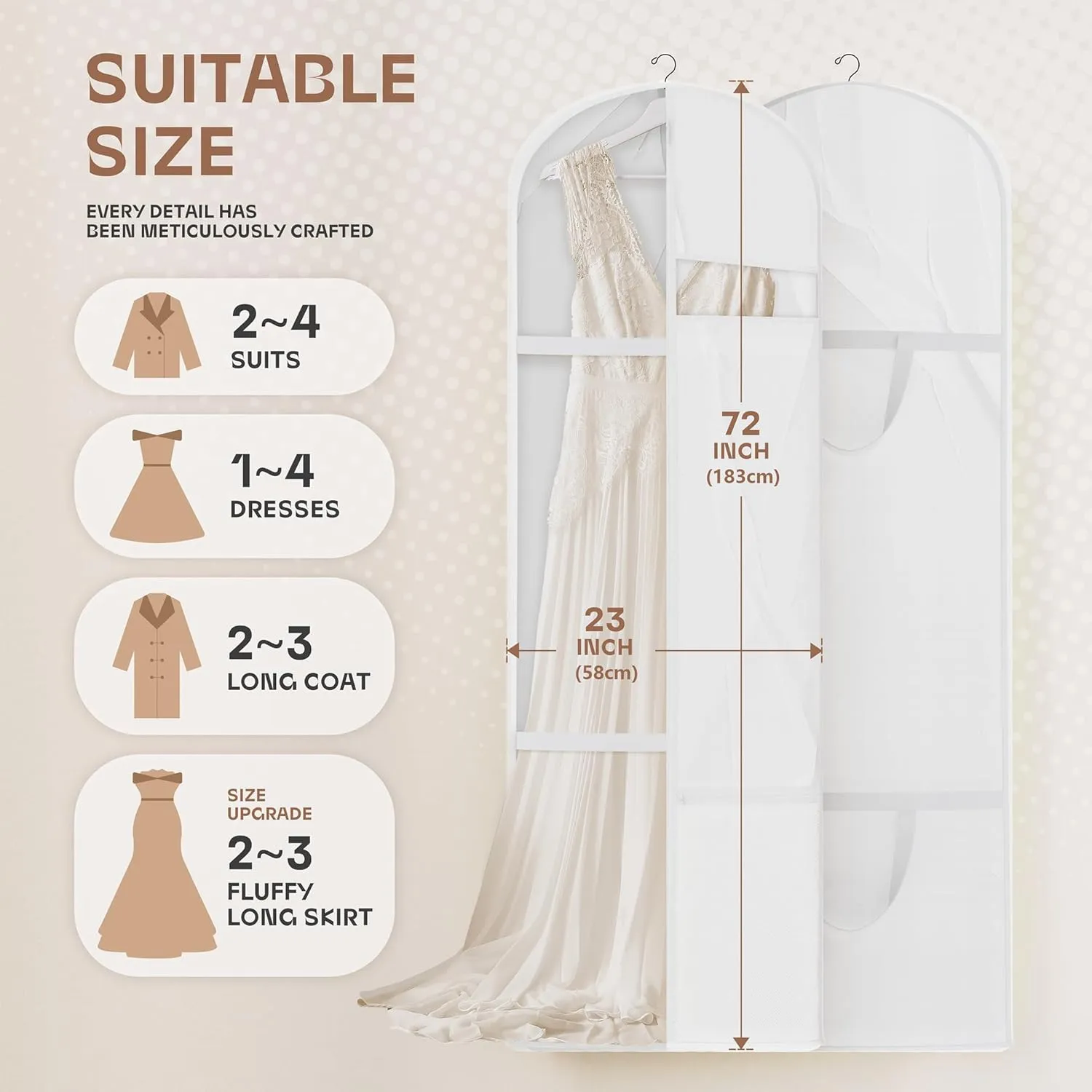 72inches Garment Bag with Zipper Pocket, Wedding Dress Bag for Gowns Long, White