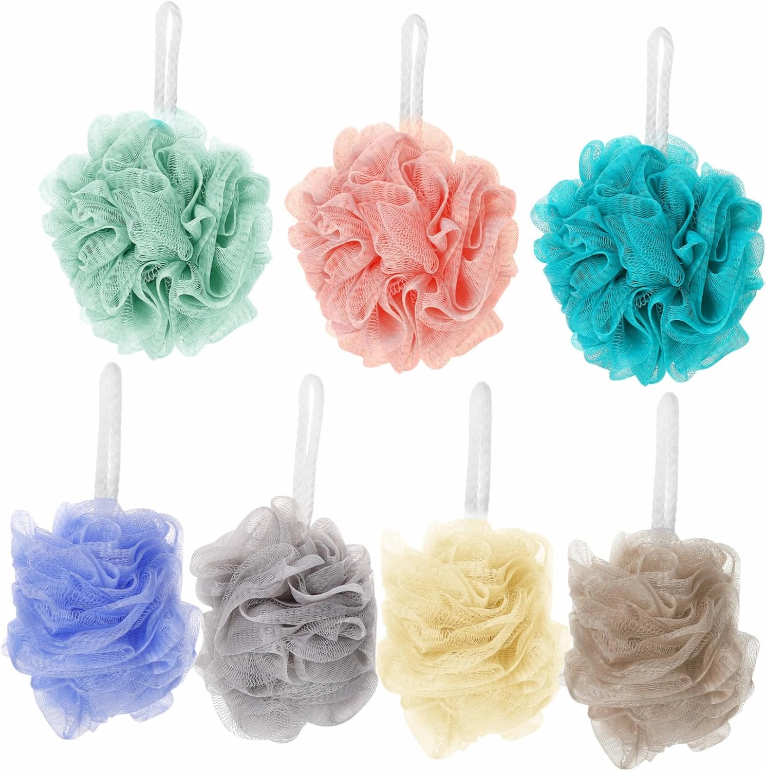7pcs Colorful Bath Ball Shower Loofah Exfoliating Body Scrubbers Sturdy Family Pack Easy Hanging Quick Dry Design