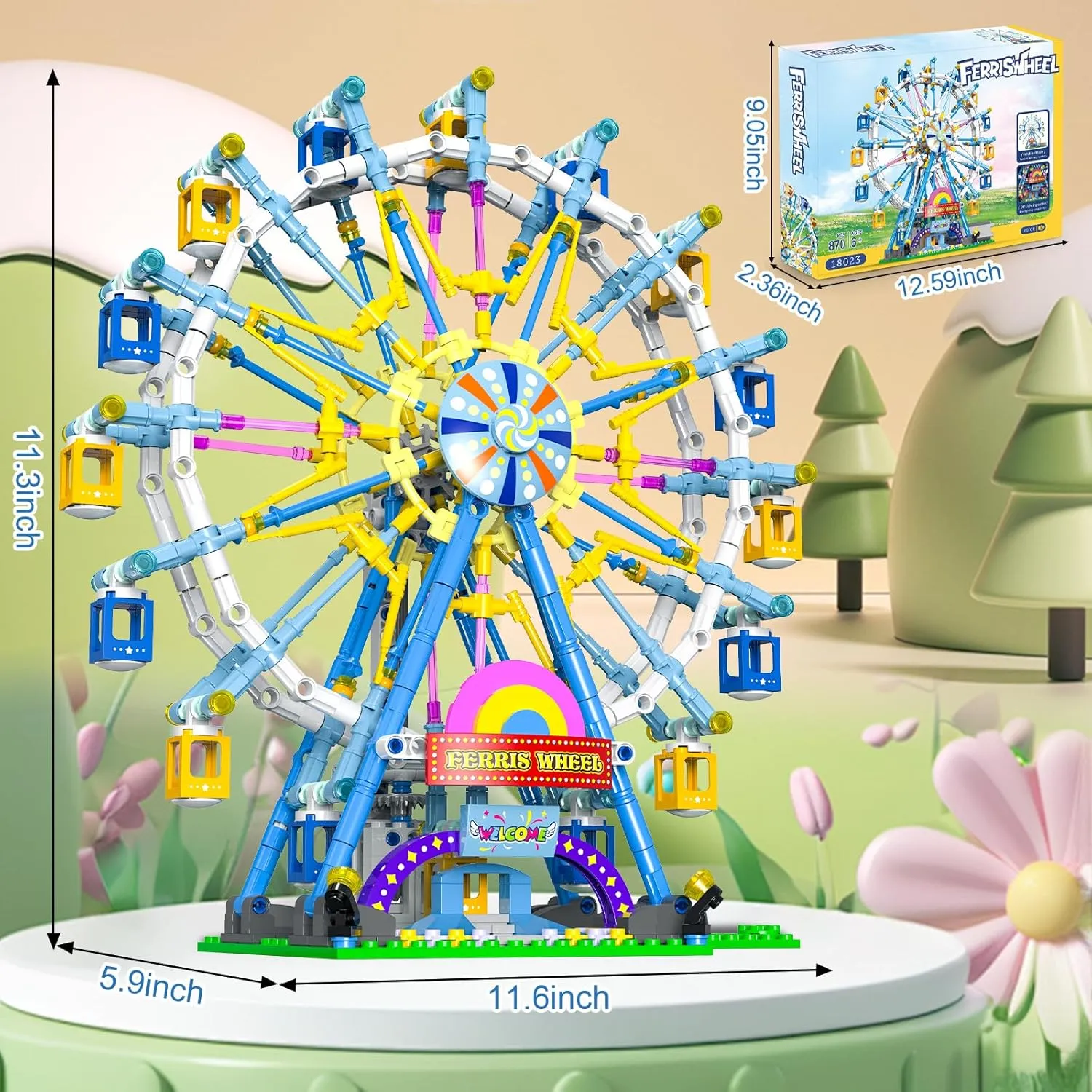 813Piece Ferris Wheel Building Set with Fairy Lights, Two-Way Rotation， STEM Learning Toy for Ages 8-12 ，Amusement Park Construction Kit for Boys, Girls, and Adults (Blue)