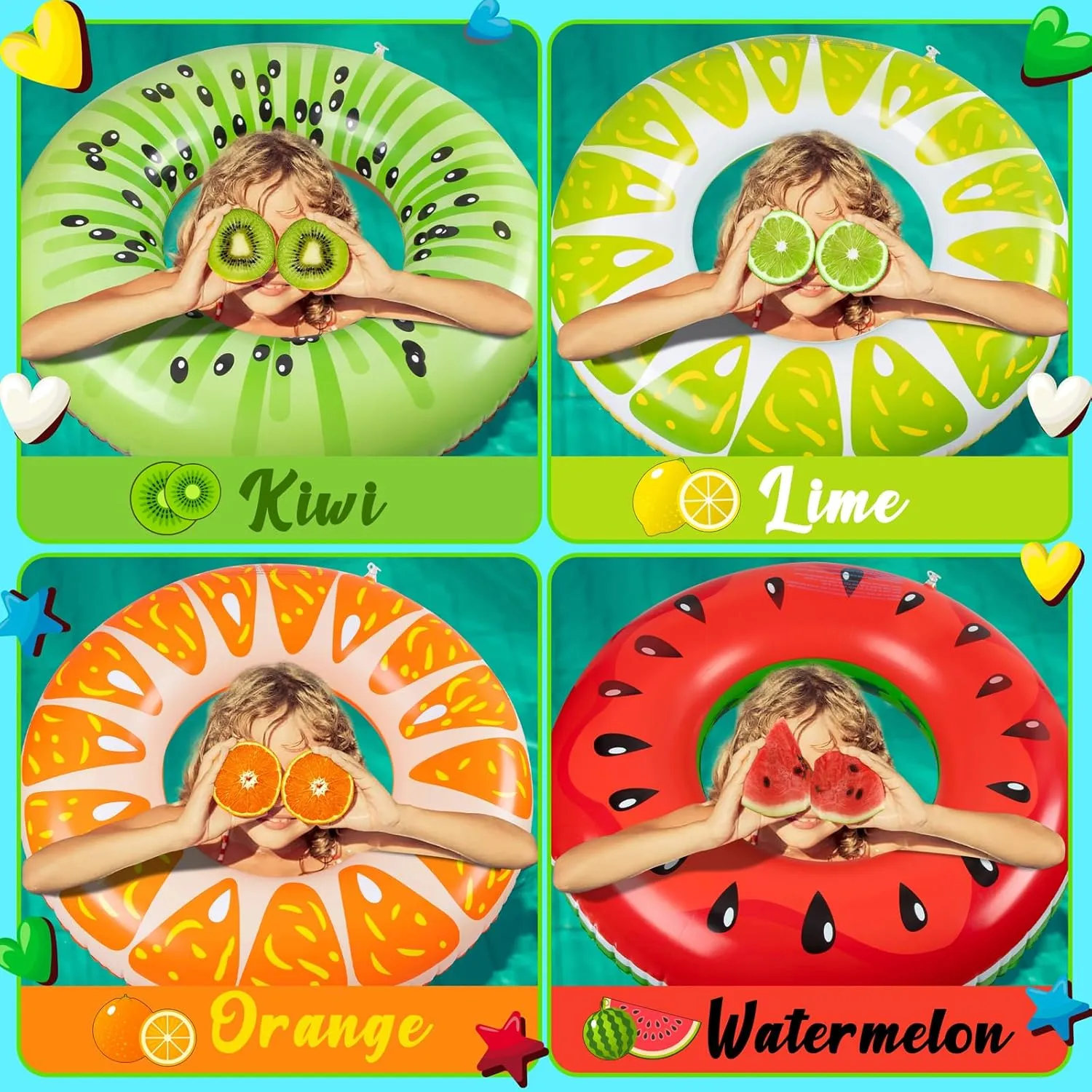 90shine 7PCS Fruit Pool Floats: Watermelon Kiwi Orange Lemon Swimming Rings with 13.5" Beach Balls - Inflatable Tubes Floaties Toys for Kids Adults