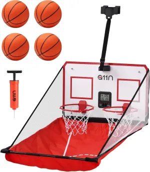 A11N Sports 2-Player Basketball Hoop for Door with Scoreboard, 8 Game Modes & Foldable Ball Return Net, Over The Door Indoor Basketball Game Set with 4 Balls & Pump for Kids and Family