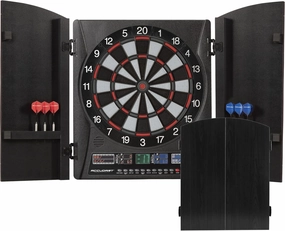 Accudart Apollo Electronic Dartboard Cabinet - 38 Game Modes - 137 Game Variations - Advanced Features - Colorful Backlit Scoring - Cricket X/O Scoring - Integrated Black Woodgrain Doors