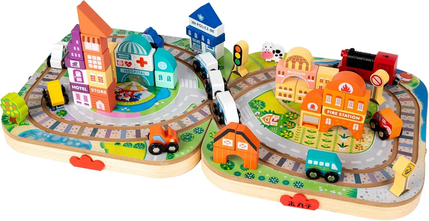 Adena Montessori Wooden Take-Along Tabletop for Toddlers,75 Blocks Set Track Train Set,Electric Train City Building Construction Stacking Blocks Preschool Learning Educational Toys(Small Size)
