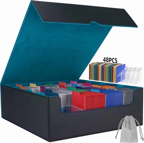 AFIING Card Storage Box For Trading Cards With 4 Supporters,3200  MTG Deck Box With 48 Colorful Divider,Trading Card Storage Box Fits For Magic Game and Sport Cards Black Cyan