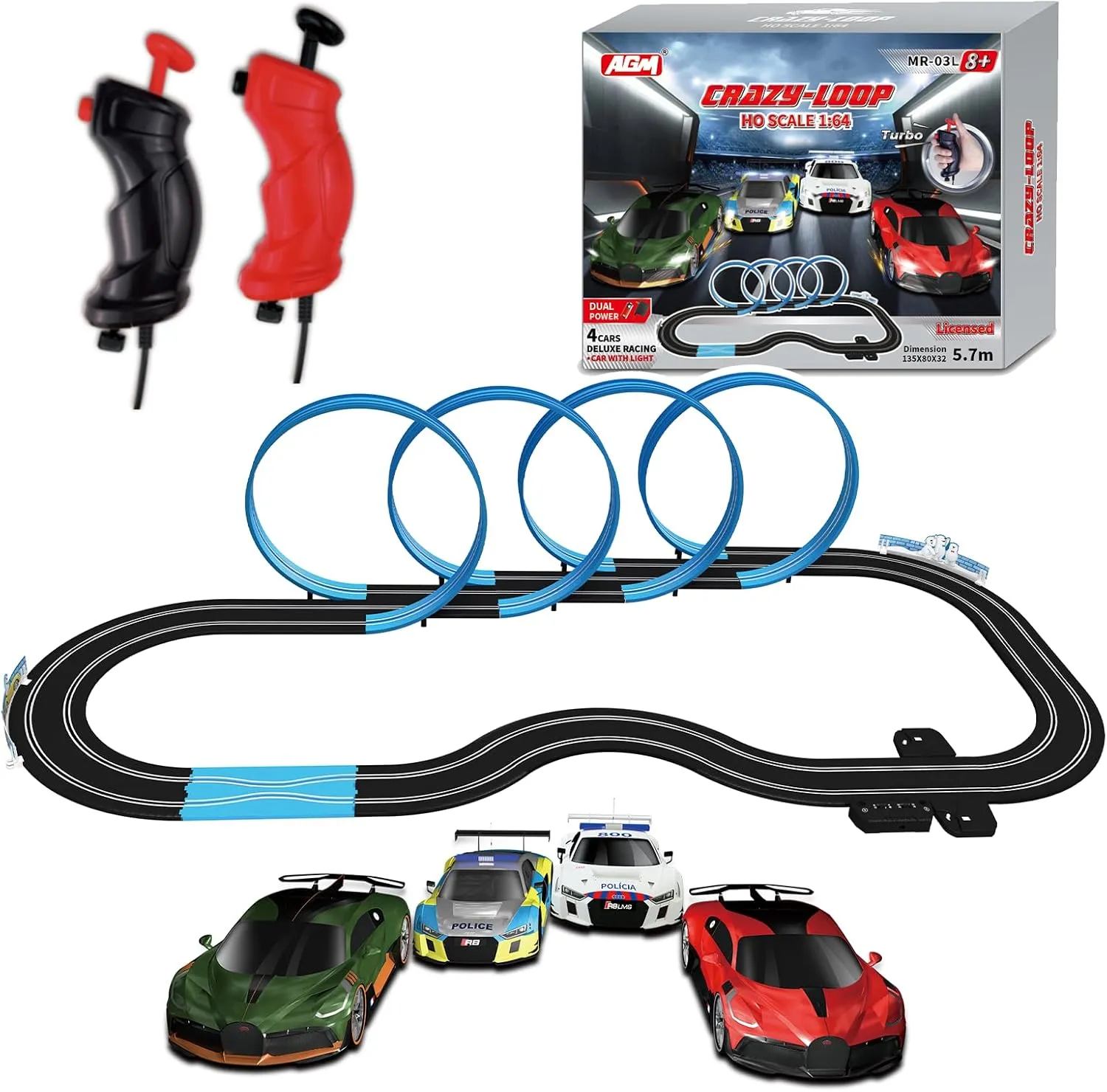 AGM MASTECH Slot Car Race Track Set with 4 Light-Up Cars Official Licensed, Adjustable Speed Controllers, and Exciting Full-Speed Turbo Button - for Kids Age 4-12 and Family Fun