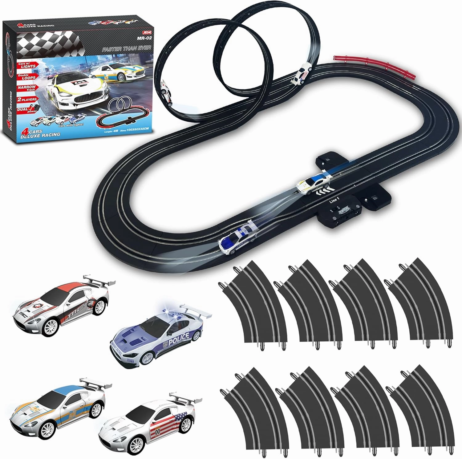 AGM MASTECH Slot Car Race Track Set with Light-Up Cars, Adjustable Speed Controllers, and Exciting Full-Speed Turbo Button - Complete Gift Set for Kids Age 4-12 and Family Fun