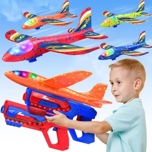 Airplane Launcher Toys - 4 LED Foam Glider Planes & 2 Launchers with 2 Flight Modes, Outdoor Toys for Boys Age 4-12