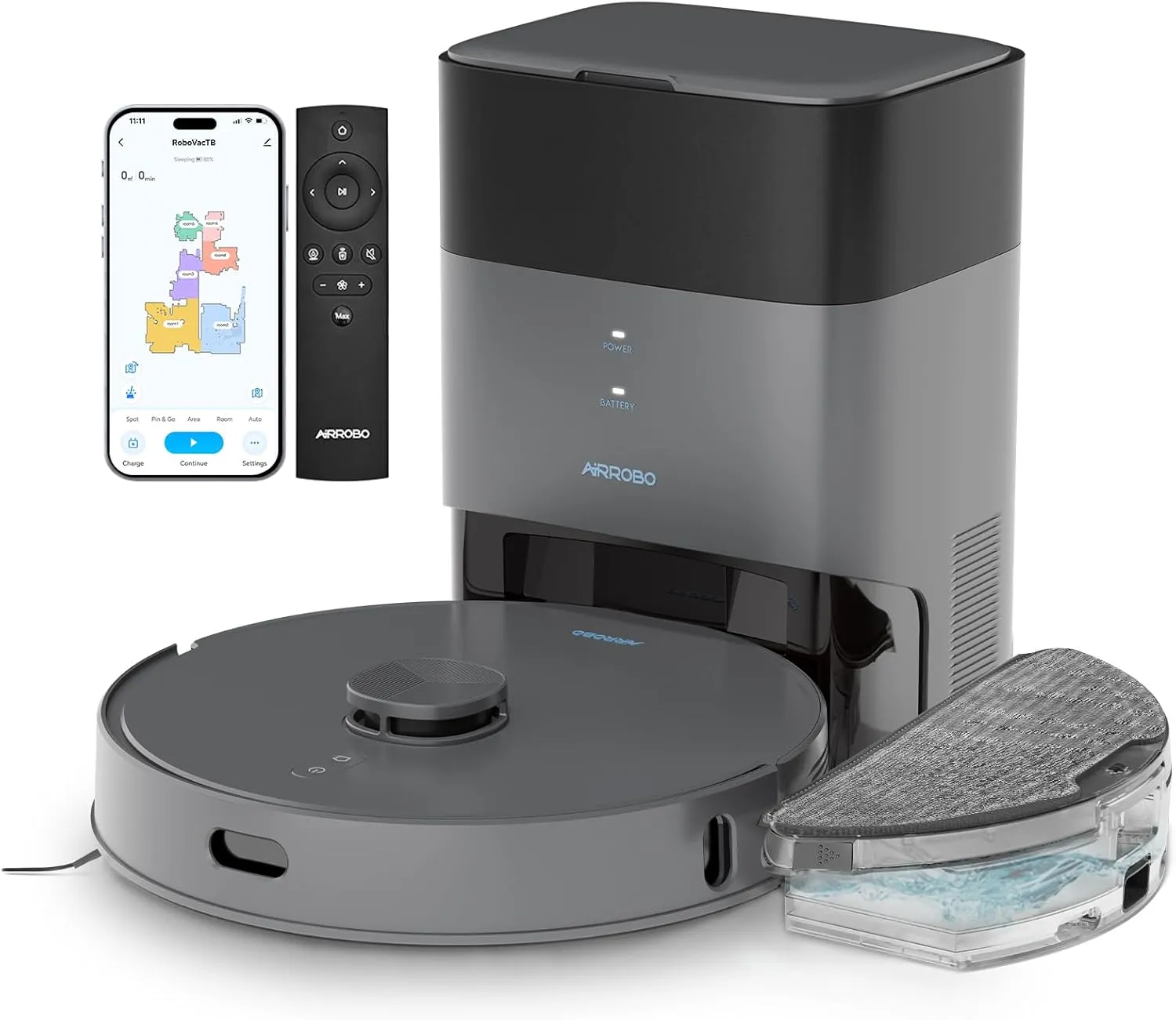 AIRROBO T25  Robot Vacuum and Mop Combo, 5500Pa Suction, Pet Area Smart Boost, Carpet Detection, Tangle-Free Brush, LDS Mapping, APP Control, 3.5L Self-Empty Bin for Hard Floors, Carpets, Pet Hair