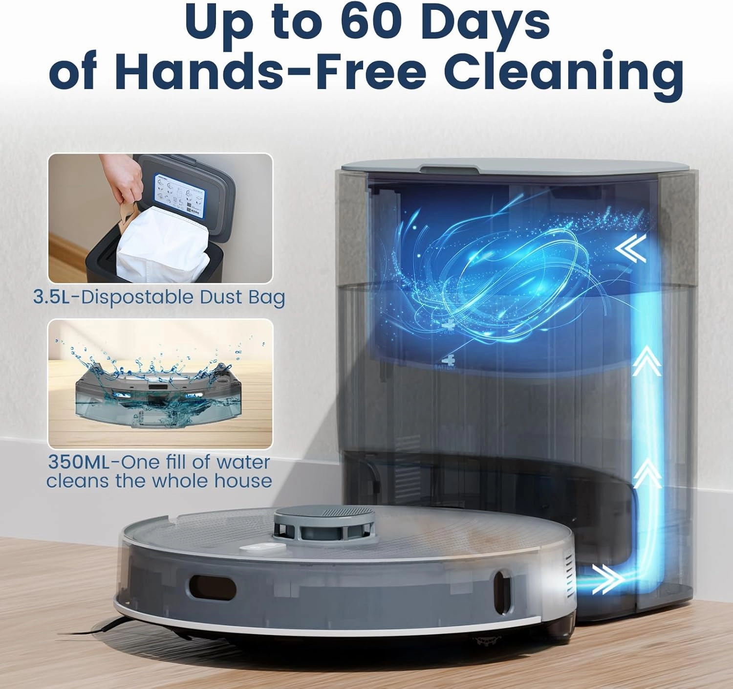 AIRROBO T25  Robot Vacuum and Mop Combo,5500Pa Powerful Suction, Self-Emptying, 60-Day Capacity, 240 Mins, Smart APP Control, Multi-Floor Mapping，Perfect for Hard Floors, Carpets, and Pet Hair